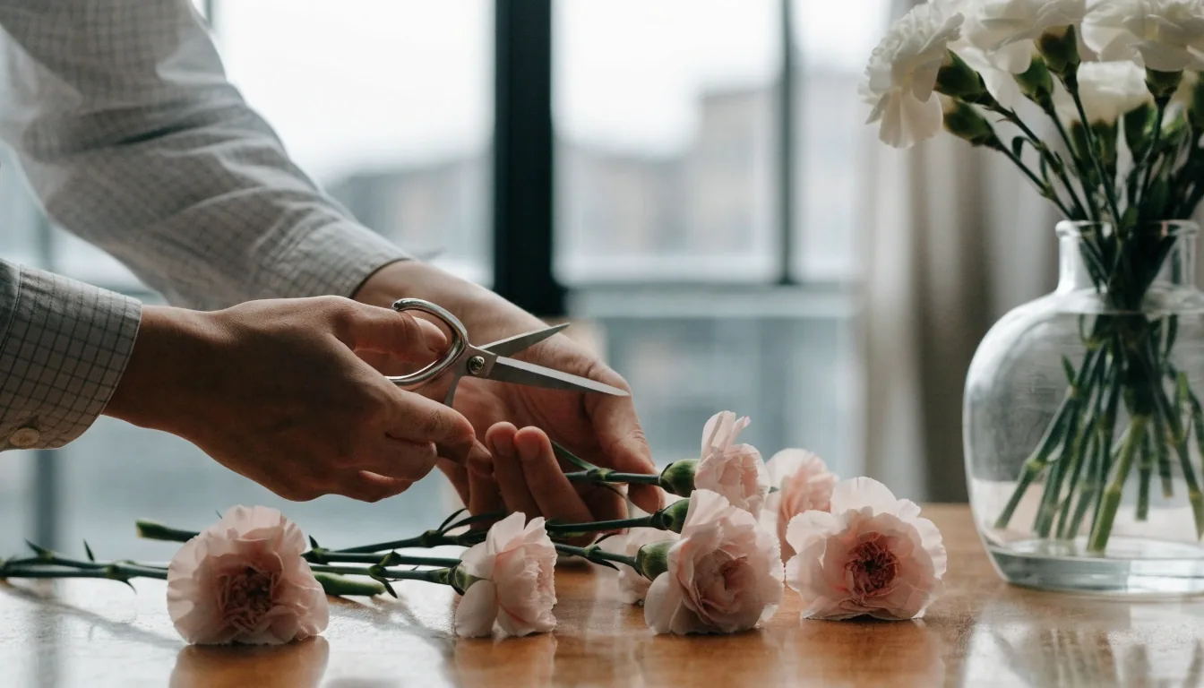 Low arrangement of carnations and white blooms on a bench edge