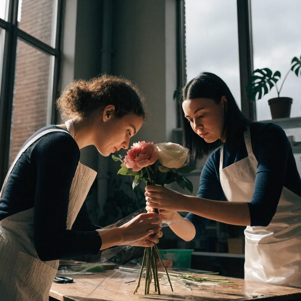 Hand-tied bouquet of peonies and garden roses on the bench