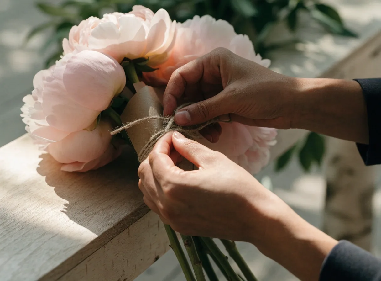 Hands tying twine around peony stems on kraft paper