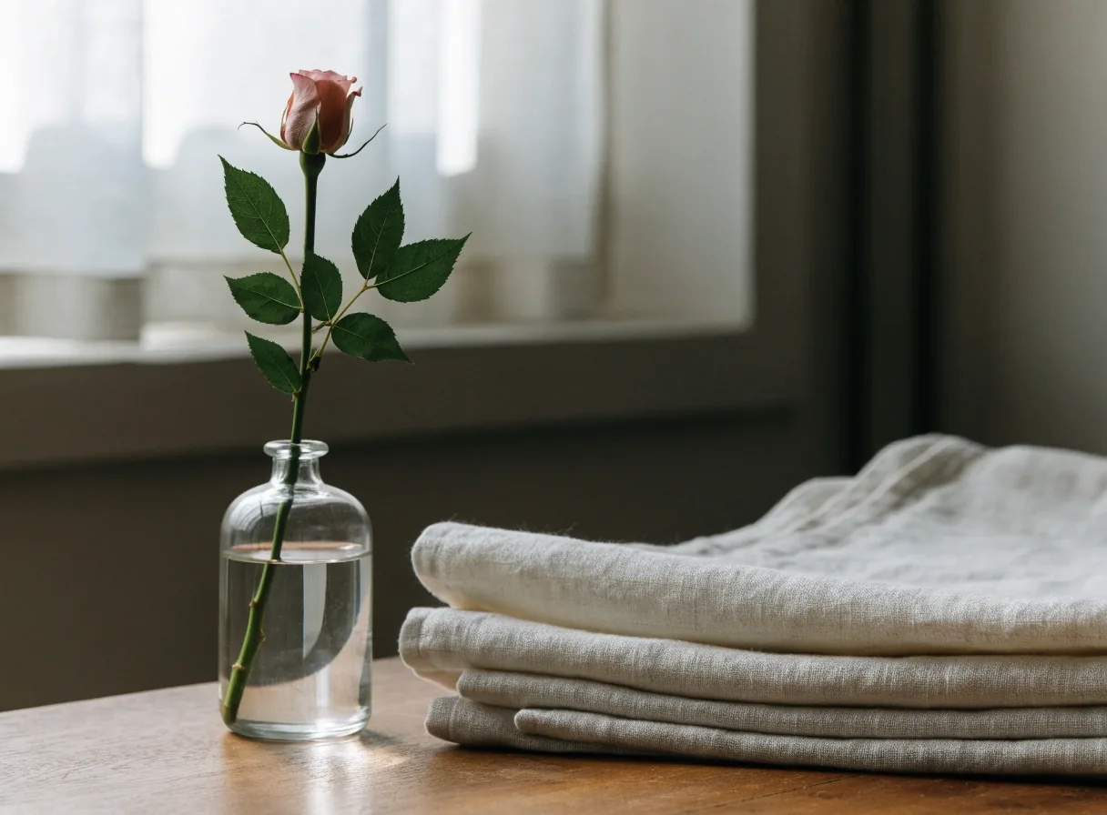 Single garden rose in a bud vase beside folded linen
