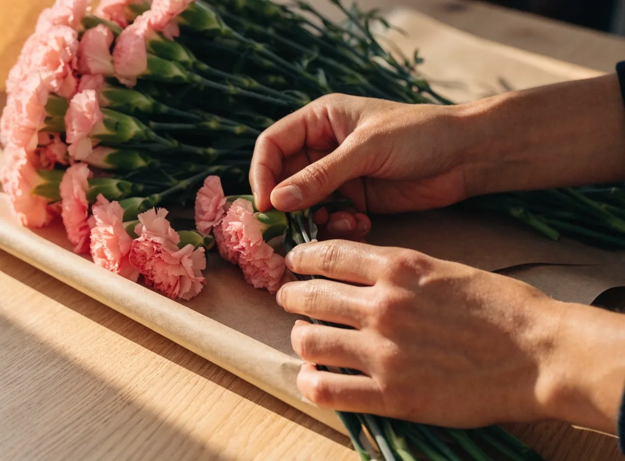 Hand-tied bouquet showing spiral stem structure on a bench