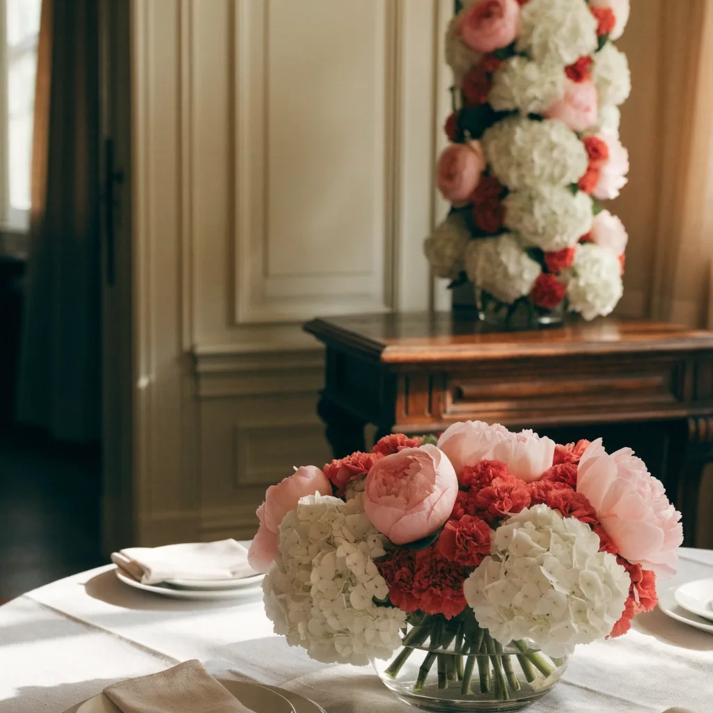 Low table centerpiece and tall console arrangement showing scale