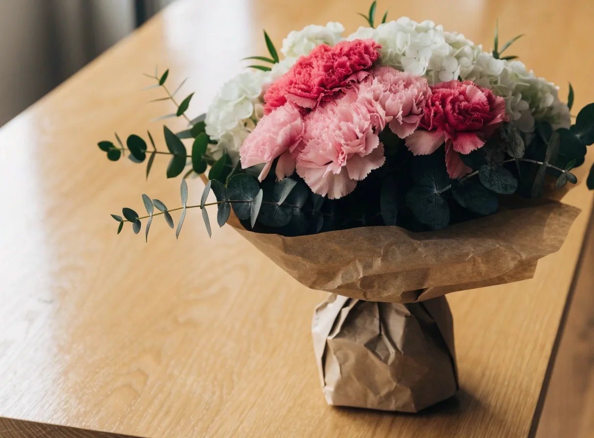 Mixed bouquet of carnations and hydrangea with greenery