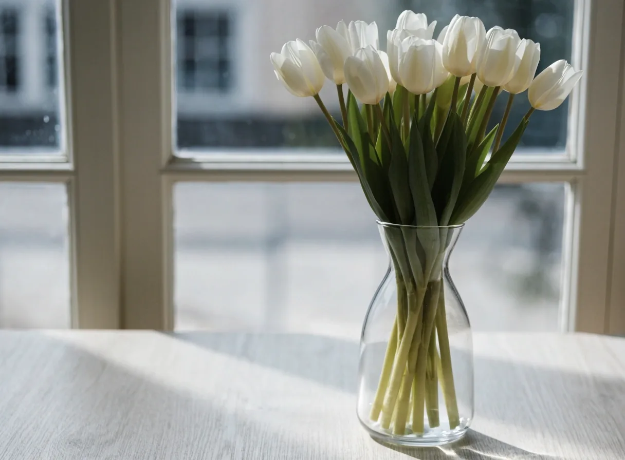 Single-variety bunch of white tulips in a narrow vase
