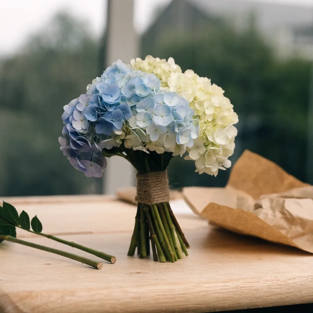 Hand-tied hydrangeas bound with twine on a florist wrapping bench