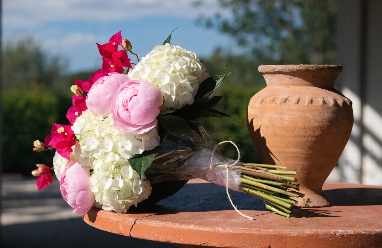 Peonies and hydrangea in a low vase on a bench