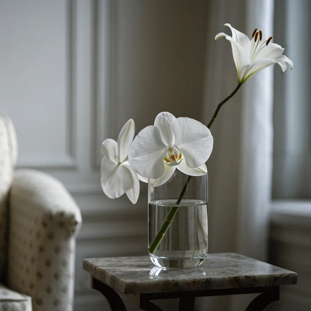 White orchid and lily in a simple vase
