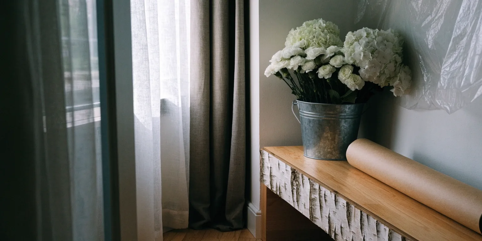 Quiet corner of a floral workroom with bench and kraft paper