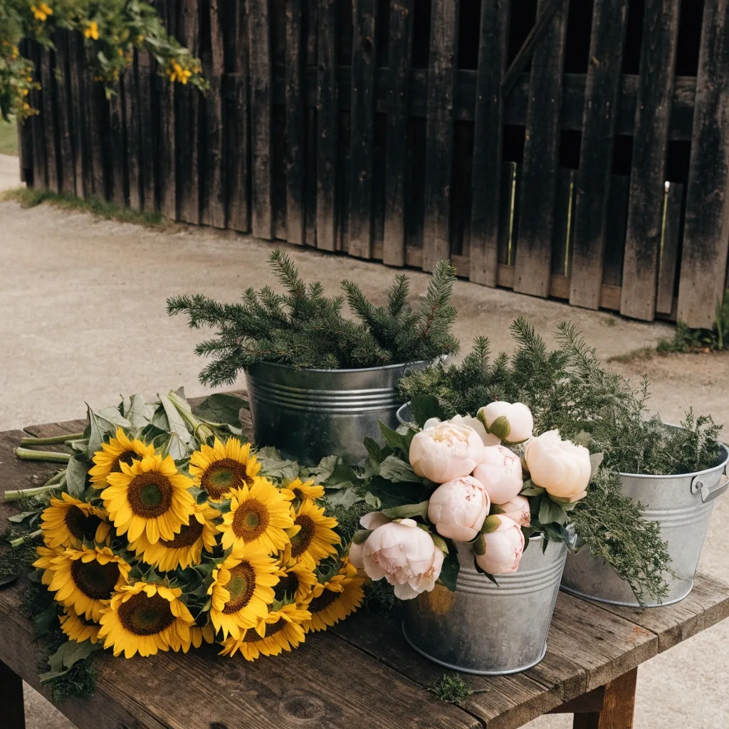Seasonal flowers laid along a florist wrapping bench