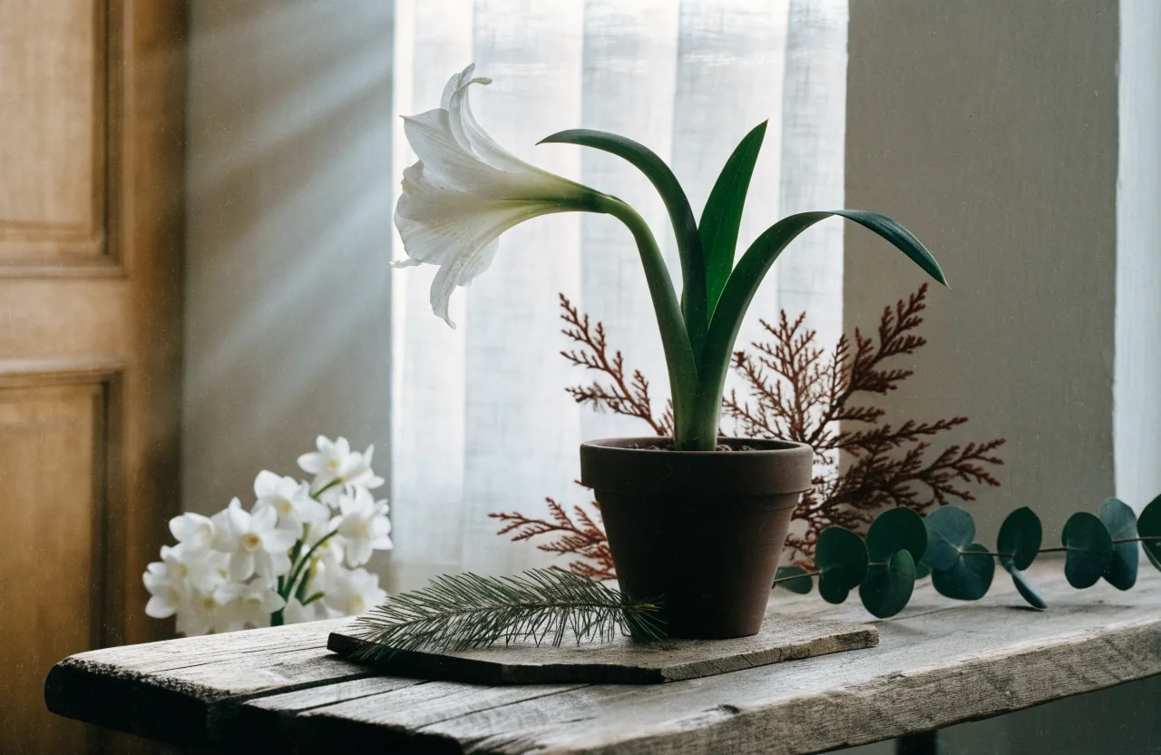 Winter amaryllis and evergreens on a bench